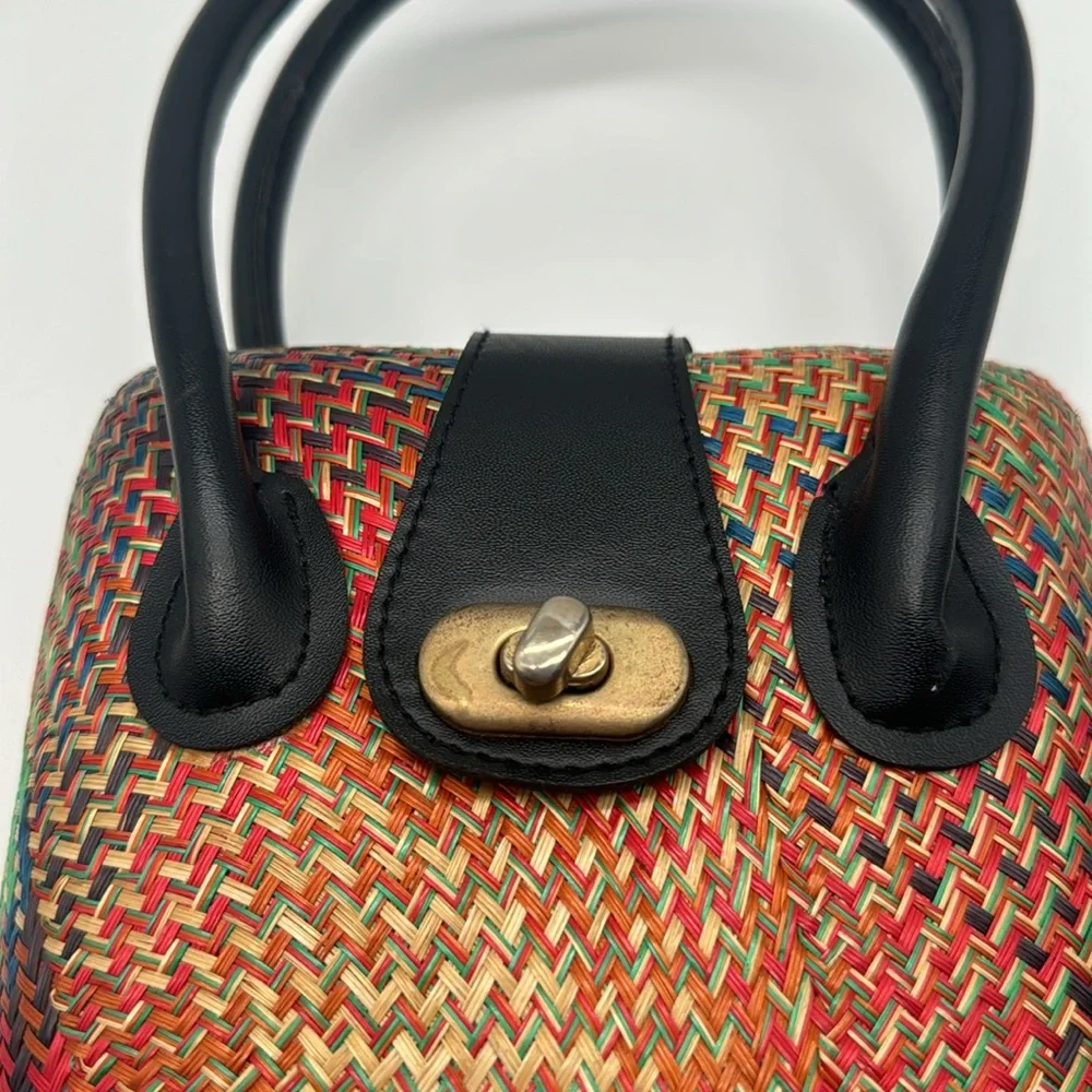 Vintage 70s Red Natural Straw Palm Leaf Rattan Rare Colorful Handbag Purse Bag - Picture 7 of 15